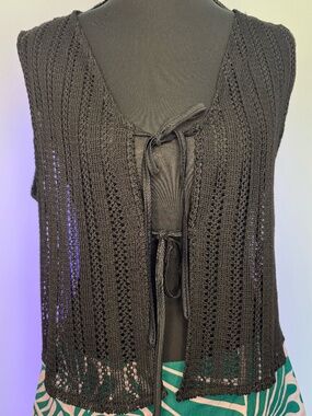 LILI SIDONIO Black Open Knit Tie-Front Top Cardigan NWT